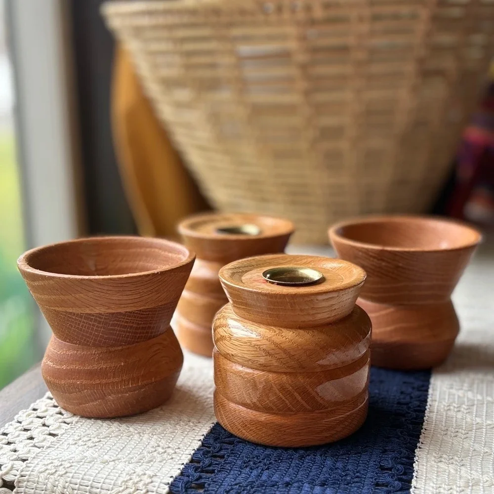 Vintage MCM Style Hand Turned Oak Wood Taper Candle Holder Set of 4
